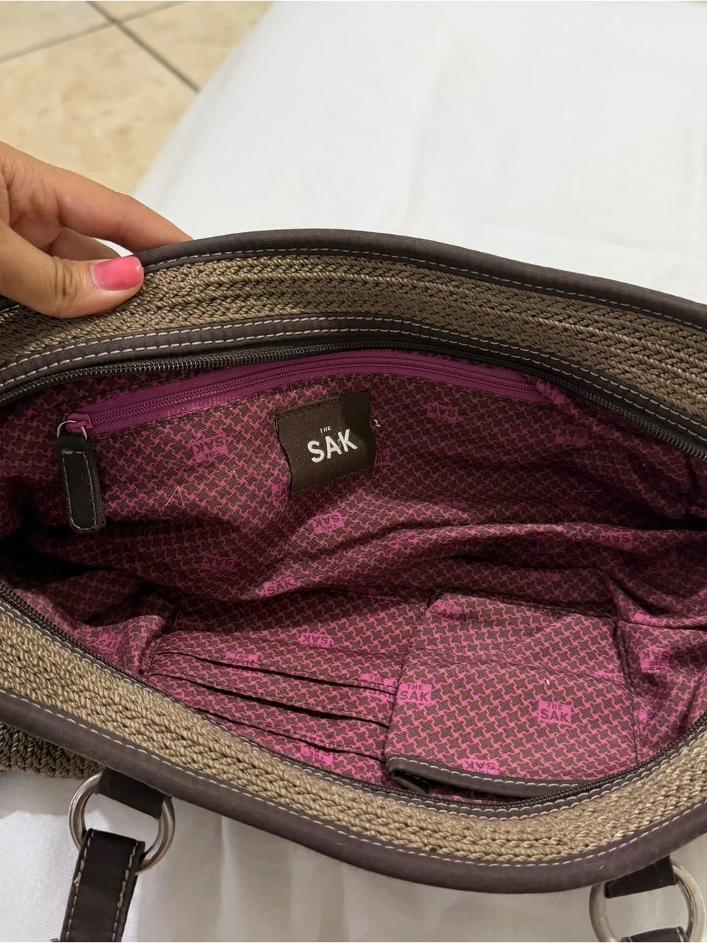 The Sak Brown Woven Shoulder Bag with Dark Trim